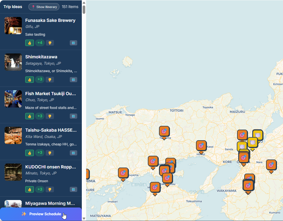 Trip board showing 151 ideas with votes, mapped across Japan