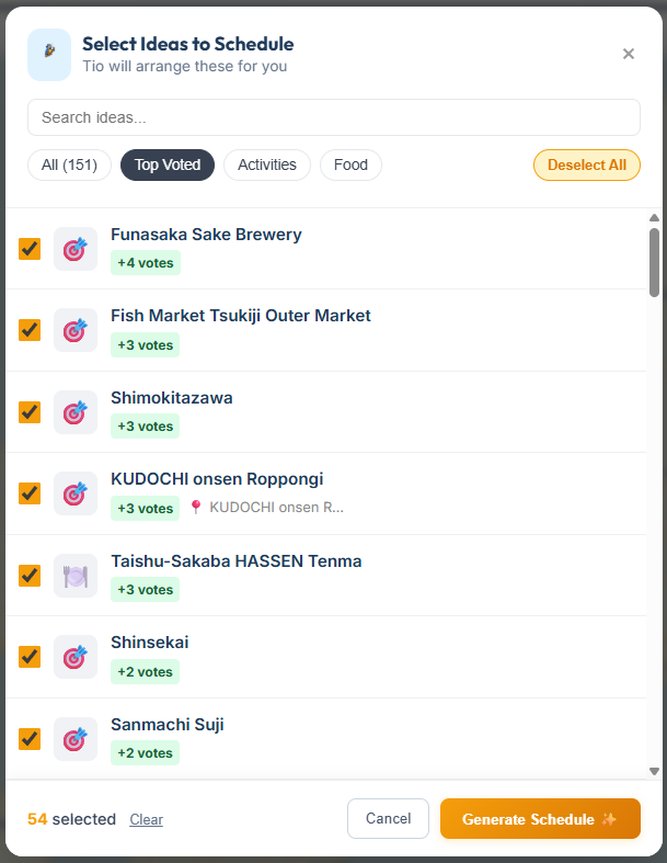 Selecting top-voted ideas to include in the AI-generated schedule